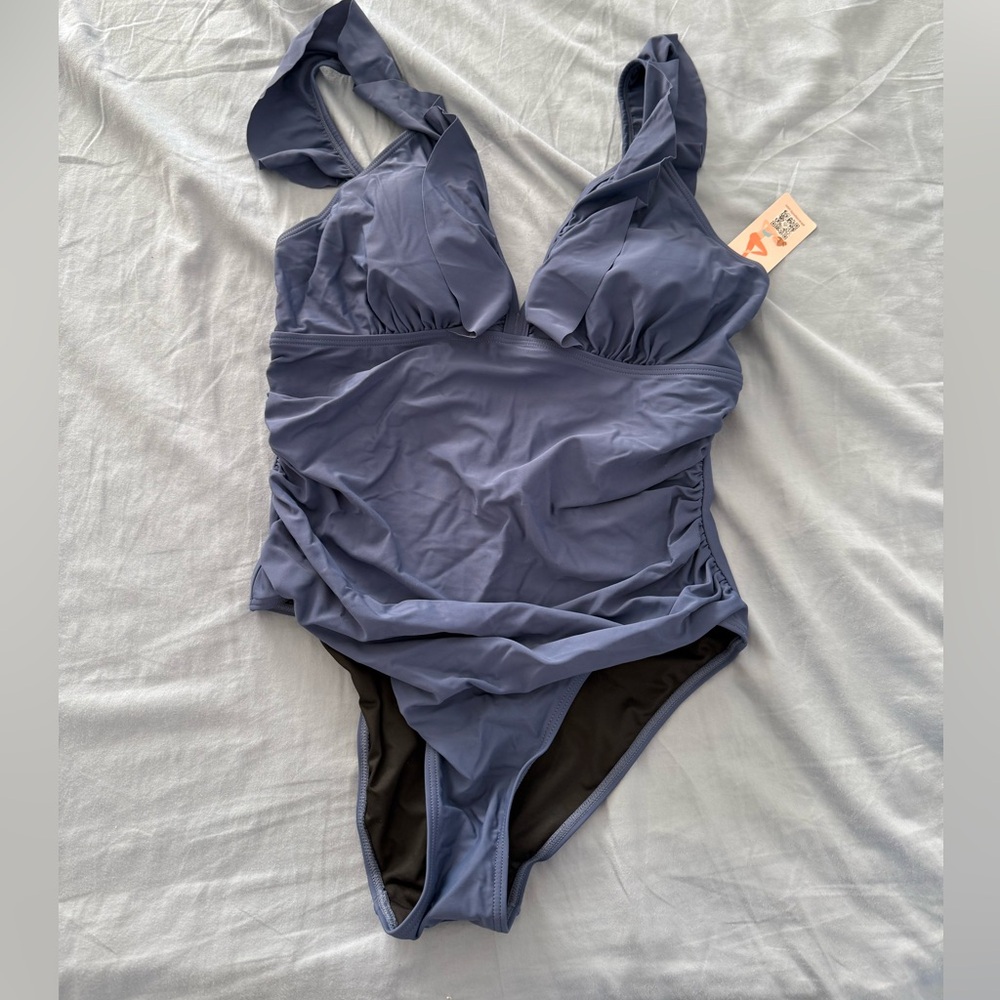 NWT Ruffled One-Piece Swimsuit | Tummy Control | Slate Blue | XL